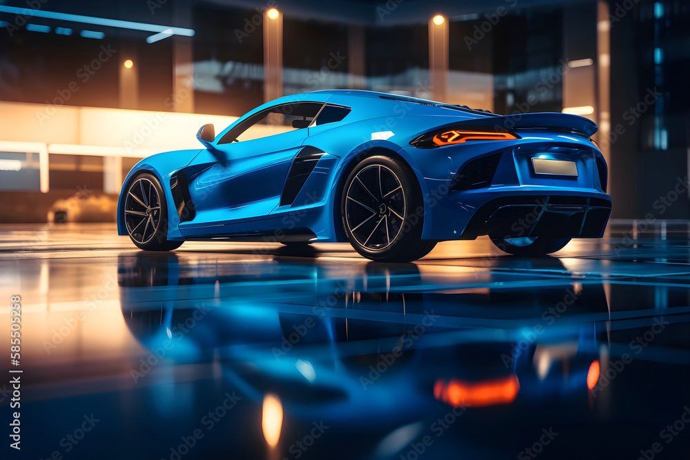 Blue sport car concept, back view, generative ai. Blue sport car concept, back view, generative ai.