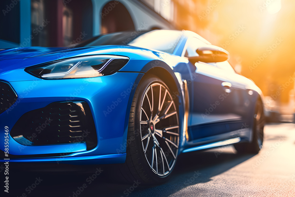 Striking futuristic blue color sport automobile, front detail view, generative ai.
