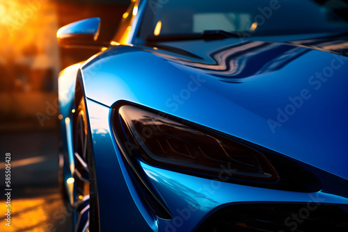 Striking futuristic blue color sport automobile, front detail view, generative ai.