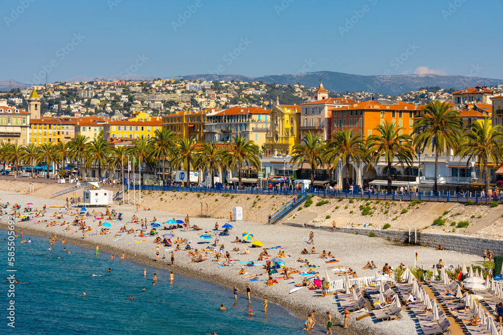 Nice shore and beach panorama with Prom des Anglais boulevard, Le Carre d’Or and Les Baumettes district on Mediterranean Sea shore on French Riviera in France