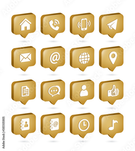 golden web icon set in speech bubble 3d. Website set icon vector. for computer and mobile. Contact information icon collection on speech bubble 3d
