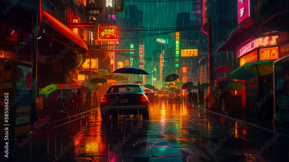 Urban Cityscape - Moody rain reflections of the city lights on the wet streets at night. Generative AI.