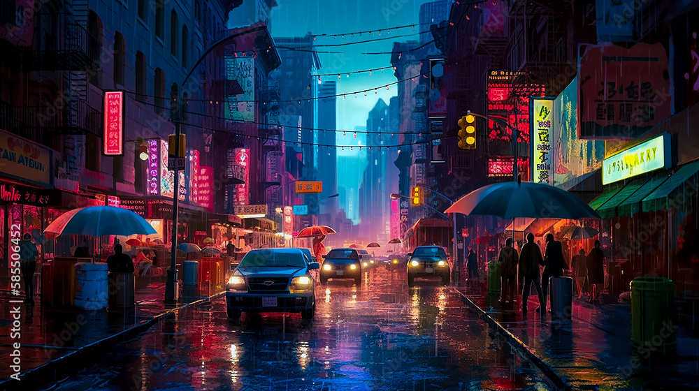 Rainy urban cityscape at night, including traffic, streets night light and reflections. Generative AI.