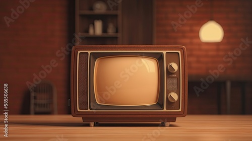 Brauner Retro Fernseher auf braunem Hintergrund, Generative AI