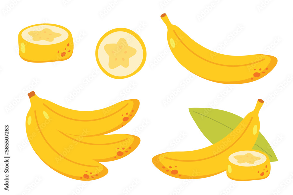 Cartoon bananas. Peel banana, yellow fruit and bunch of bananas