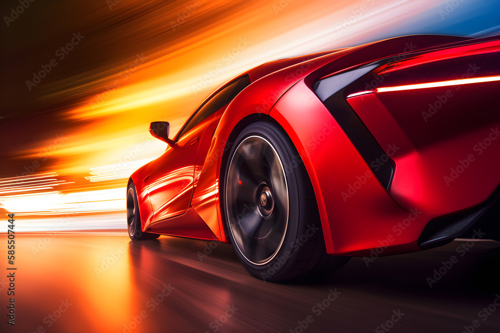 Striking futuristic red color sport automobile on road, back view, generative ai.