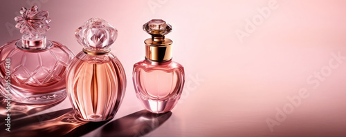 Elegance perfume Bottles, feminine cosmetic pink. Essence of Feminine Style. A Delicate and Exquisite Fragrance for Every Occasion concept. Generative AI