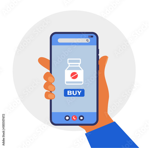 Buying medicines online. Smartphone screen. Hand holding a phone. 