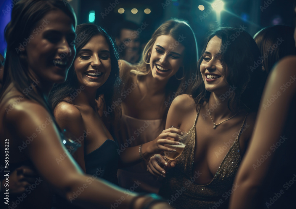 Party scene from a festive night club with happy people and friends. AI generated