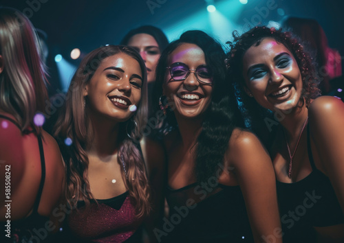 Party scene from a festive night club with happy people and friends. AI generated