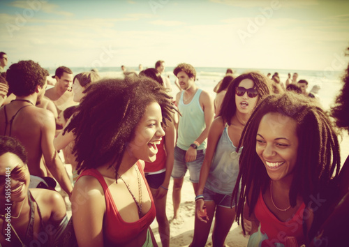 Beach party with happy people celebrating in the summer sun. AI generated