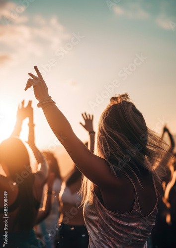 Beach party with happy people celebrating in the summer sun. AI generated