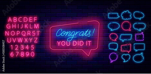 You did it. Congrats neon lettering sign. speech bubbles frames set. Winnig and casino. Vector illustration photo