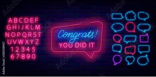 You did it. Congrats neon lettering sign. speech bubbles frames set. Winnig and casino. Vector illustration