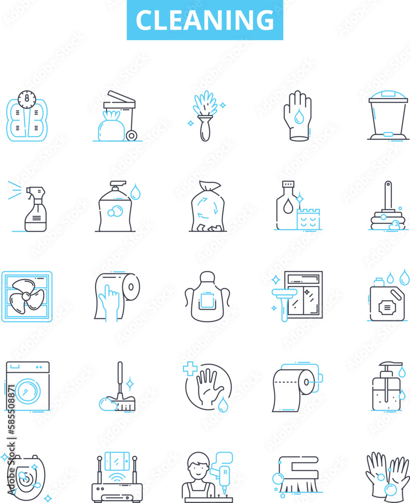 Cleaning vector line icons set. Scrubbing, Polishing, Washing, Sweeping, Sanitizing, Mopping, Disinfecting illustration outline concept symbols and signs