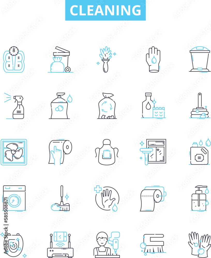 Cleaning vector line icons set. Scrubbing, Polishing, Washing, Sweeping, Sanitizing, Mopping, Disinfecting illustration outline concept symbols and signs Cleaning vector line icons set. Scrubbing, Polishing, Washing, Sweeping, Sanitizing, Mopping, Disinfecting illustration outline concept symbols and signs
