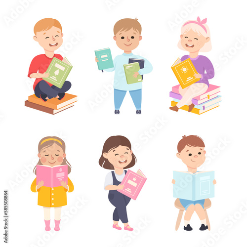 Little Boy and Girl Enjoying Reading Book and Fiction Story Vector Set