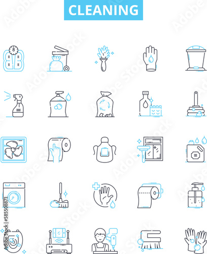 Cleaning vector line icons set. Scrubbing, Polishing, Washing, Sweeping, Sanitizing, Mopping, Disinfecting illustration outline concept symbols and signs