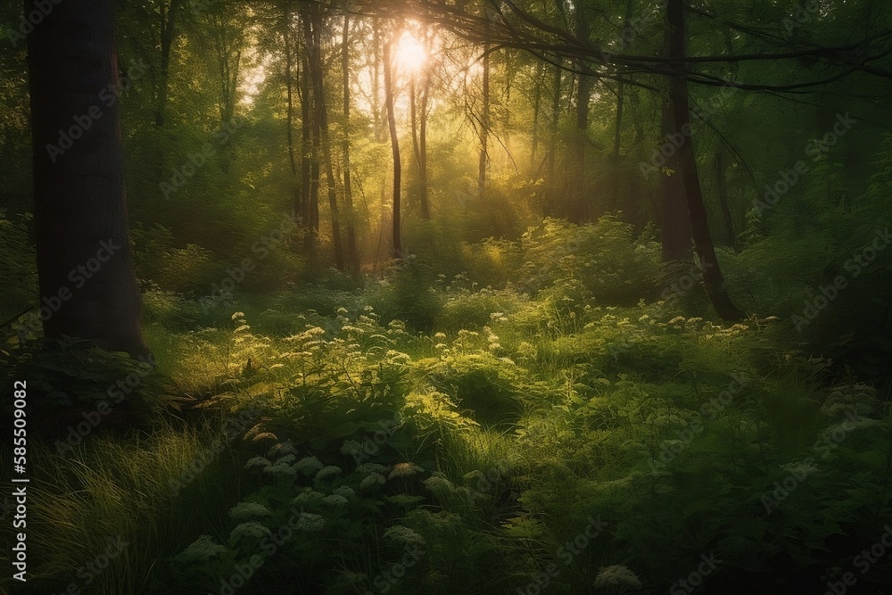Obraz premium Green Forest Landscape with Sunlight, Background Wallpaper