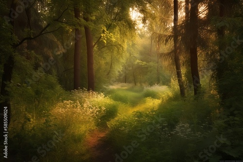 Green Forest Landscape with Sunlight, Background Wallpaper © Thares2020