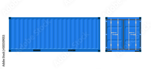 Blue cargo container collection for cargo transportation on a white background. Shipping container. Freight shipping container hanging on crane hook. Metal container. Containers door.