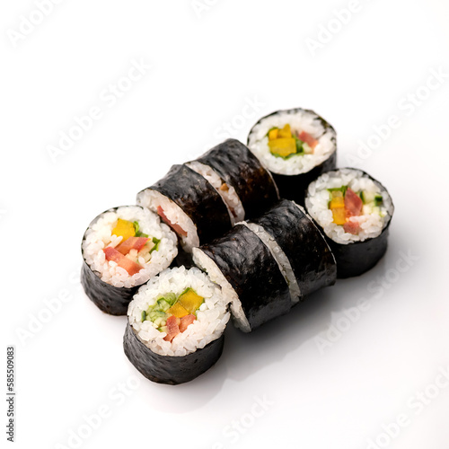 Vegetarian sushi rolls with vegetables. Futomaki with pepper, tomato, cucumber. Healthy low calorie food. Fitness rolls. Japanese, cuisine. Seafood dishes. White background. Top view. Copy space.