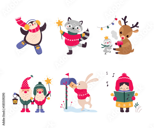 Cute New Year Character Wearing Hat and Sweater Vector Set