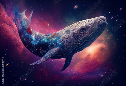 Cosmic whale swimming in space. Godlike creature, awe inspiring, dreamy digital illustration. Generative AI