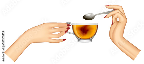 Woman's hands holding transparent glass cup with tea and spoon isolated on white. Vector illustration 