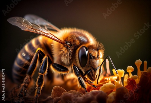 Honey bee collects honey from the frame. Generative AI © Ryleigh