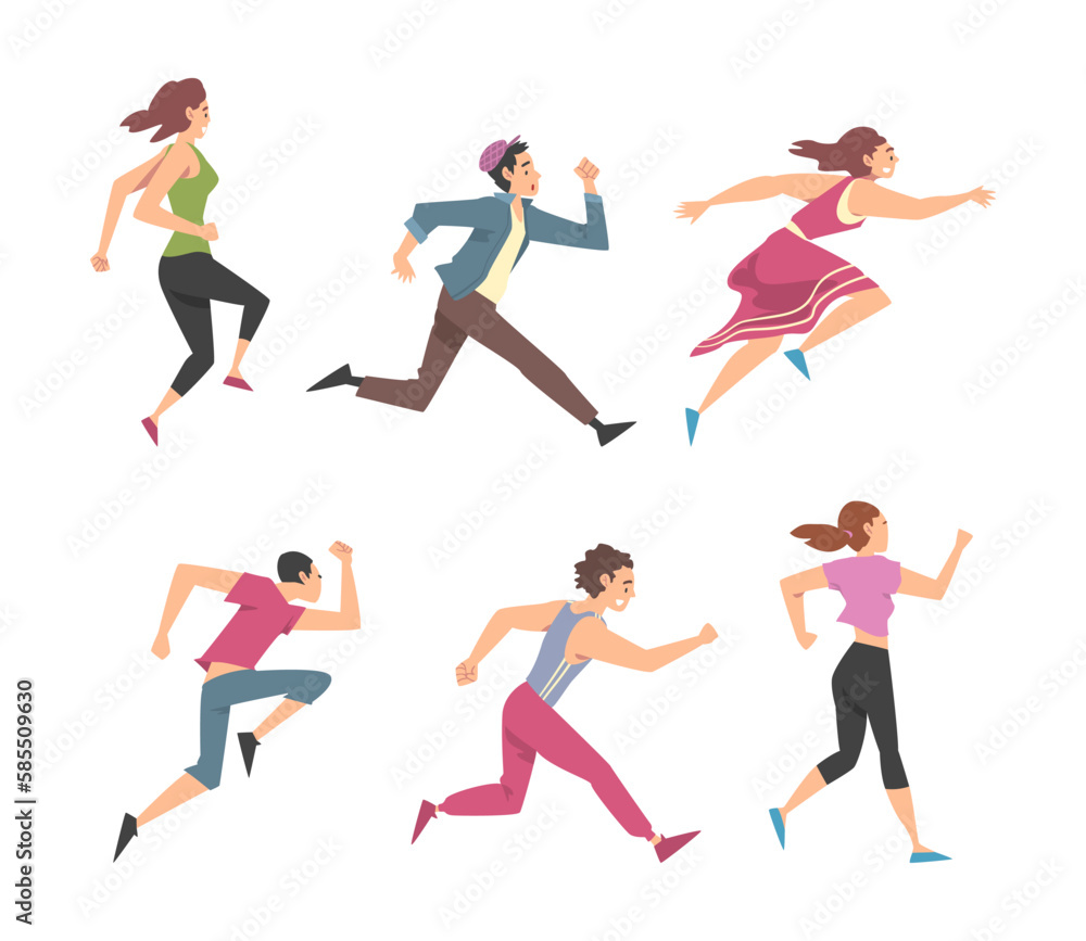 Man and Woman Character Running in a Hurry and Hasten Somewhere Vector Set