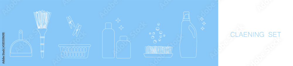 Set of icons for cleaning tools. Template for text. House cleaning staff. Flat design style. Cleaning design elements. Icons from white outline on blue background.