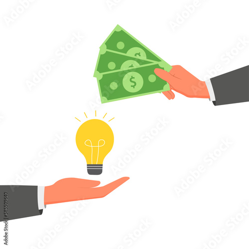 Hand giving money and the other hand giving a light bulb. Business concept - buy an idea for money. Wealth, investment, purchase - sale. Vector illustration in a flat style. Isolated.