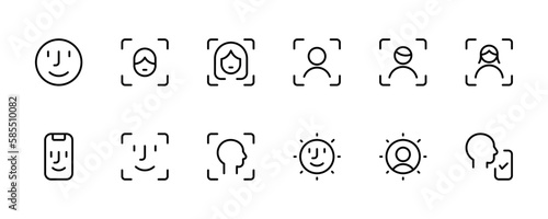 Face identification and recognition related line icon set. Technology scan access protection linear icons. Biometric authentication sign outline vector 