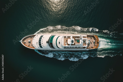 a large boat floating on top of a body of water, aerial view, art illustration 