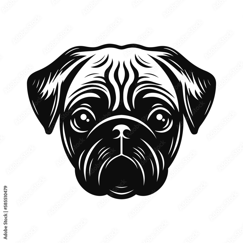 Pug head logo. Black and white emblem. Vector illustration Pug head logo. Black and white emblem. Vector illustration