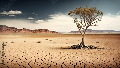 cracked field with a lone tree in the distance, dry desert, art illustration 