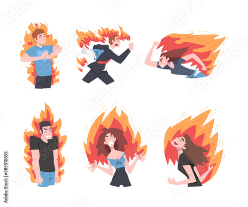 Burning Man and Woman Character Feeling Anger and anguish Vector Set