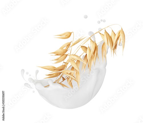 Dried oat plant in milk splashes isolated on white background photo