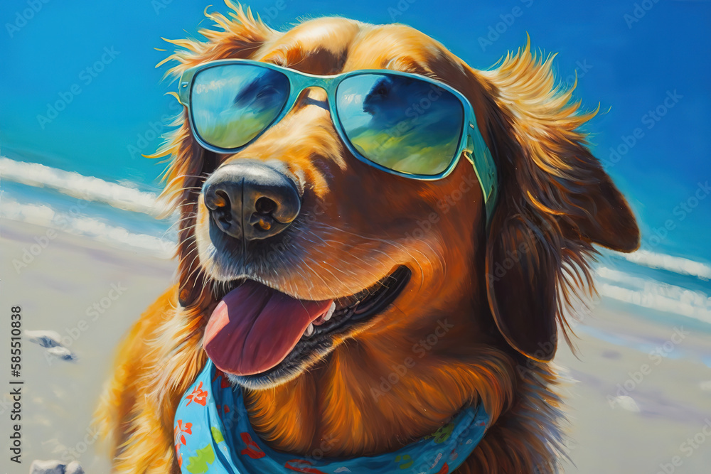 dog wearing sunglasses on a beach on a beautiful bright day, oil painting, ai art illustration 
