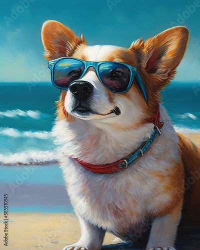 dog wearing sunglasses on a beach on a beautiful bright day, oil painting, ai art illustration  © vvalentine