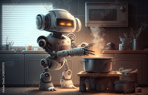 robot assistant cooking in the kitchen, ai art illustration 