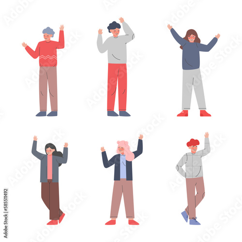 Excited Man and Woman with Raised Up Hands Cheering About Something Vector Set