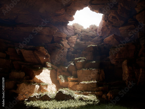The old cave in the mountais with a light from the top hole stones enviorment
