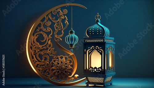 The 3D Ramadan Kareem design concept and crescent month represent the essence of Ramadan, making Eid Mubarak all the more meaningful. Generative Ai.