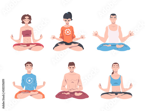 Young Man and Woman Cross-legged Sitting in Padmasana or Lotus Position Practicing Mediation Vector Set