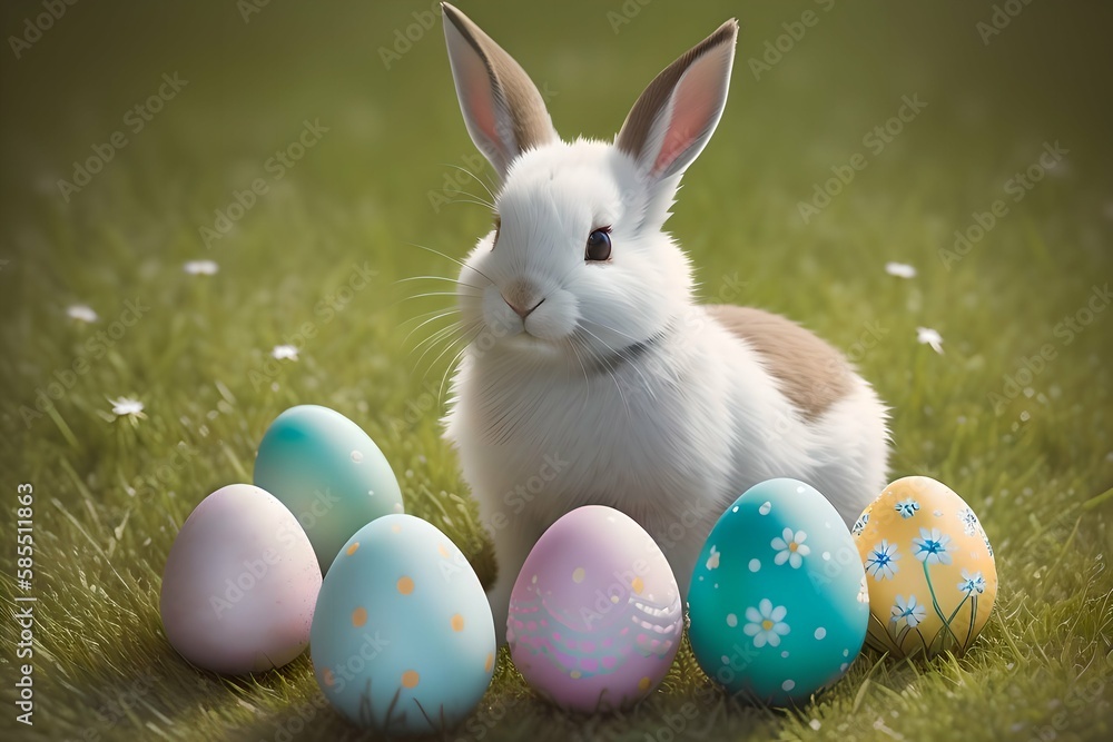 Cute Easter bunny sits next to each other in a wicker basket among painted eggs and colorful lights, golden rays of sunlight illuminate the green meadow. Cute Easter bunny sits next to each other in a wicker basket among painted eggs and colorful lights, golden rays of sunlight illuminate the green meadow.
