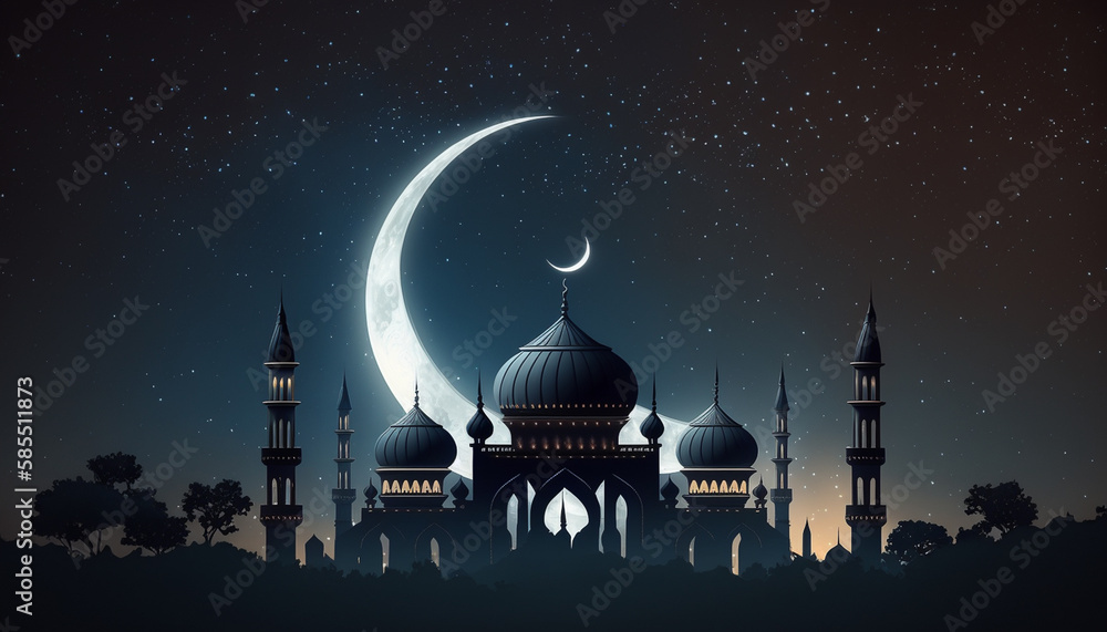 The 3D Ramadan Kareem design concept and crescent month serve as a reminder of the holiness of the month during the Eid Mubarak period. Generative Ai.
