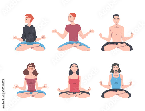 Young Man and Woman Cross-legged Sitting in Padmasana or Lotus Position Practicing Mediation Vector Set