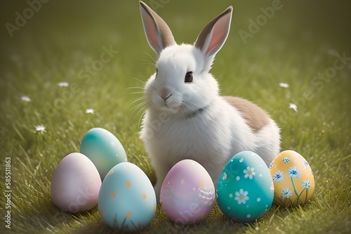 Cute Easter bunny sits next to each other in a wicker basket among painted eggs and colorful lights, golden rays of sunlight illuminate the green meadow.